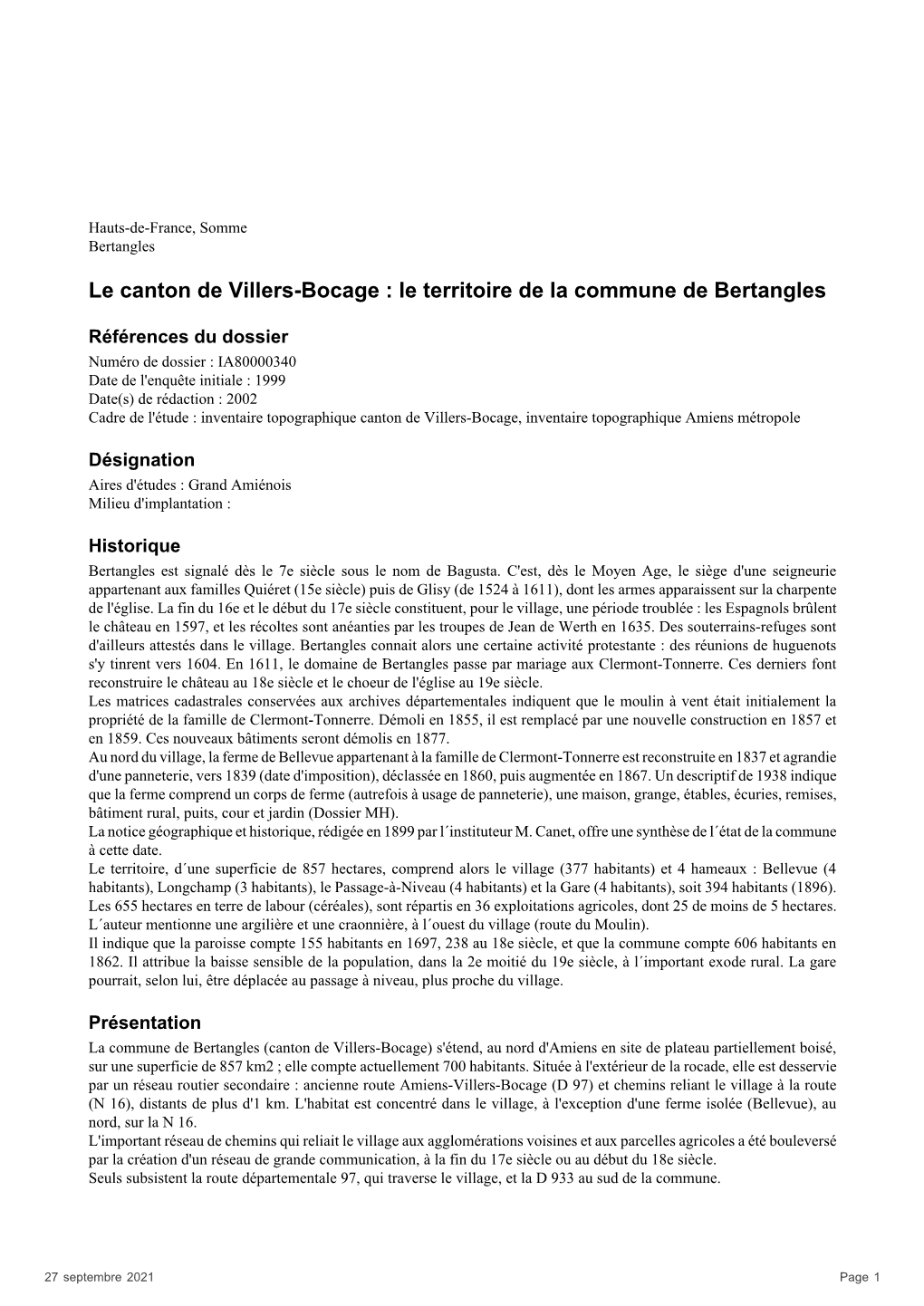 Le Canton De Villers-Bocage : Le Territoire De La Commune De Bertangles