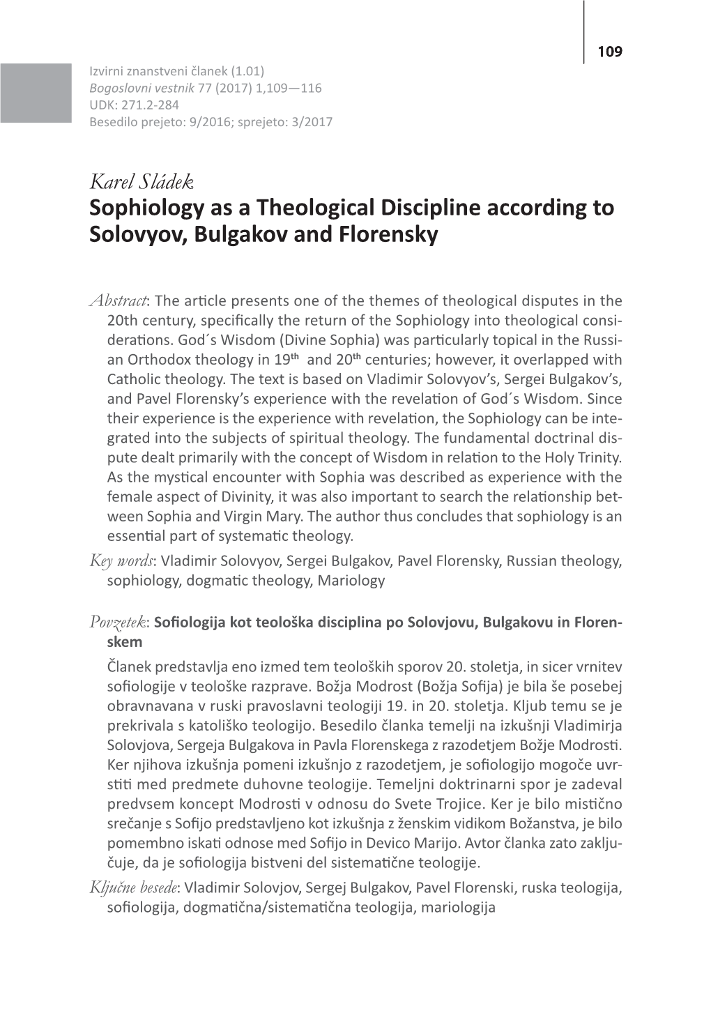 Sophiology As a Theological Discipline According to Solovyov, Bulgakov and Florensky