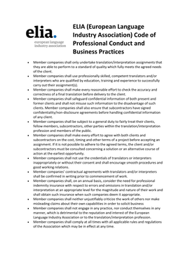 ELIA (European Language Industry Association) Code of Professional Conduct and Business Practices