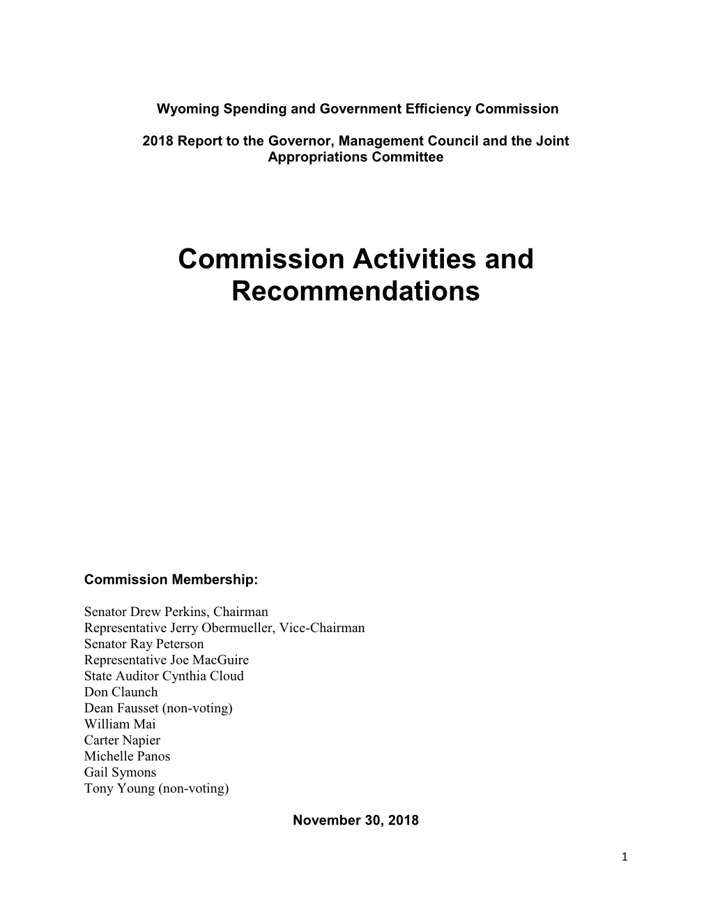 Commission Activities and Recommendations