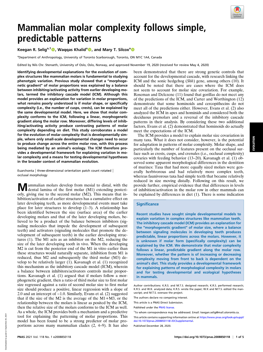 Mammalian Molar Complexity Follows Simple, Predictable Patterns