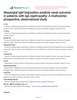 Mesangial Igm Deposition Predicts Renal Outcome in Patients with Iga Nephropathy: a Multicenter, Prospective, Observational Study