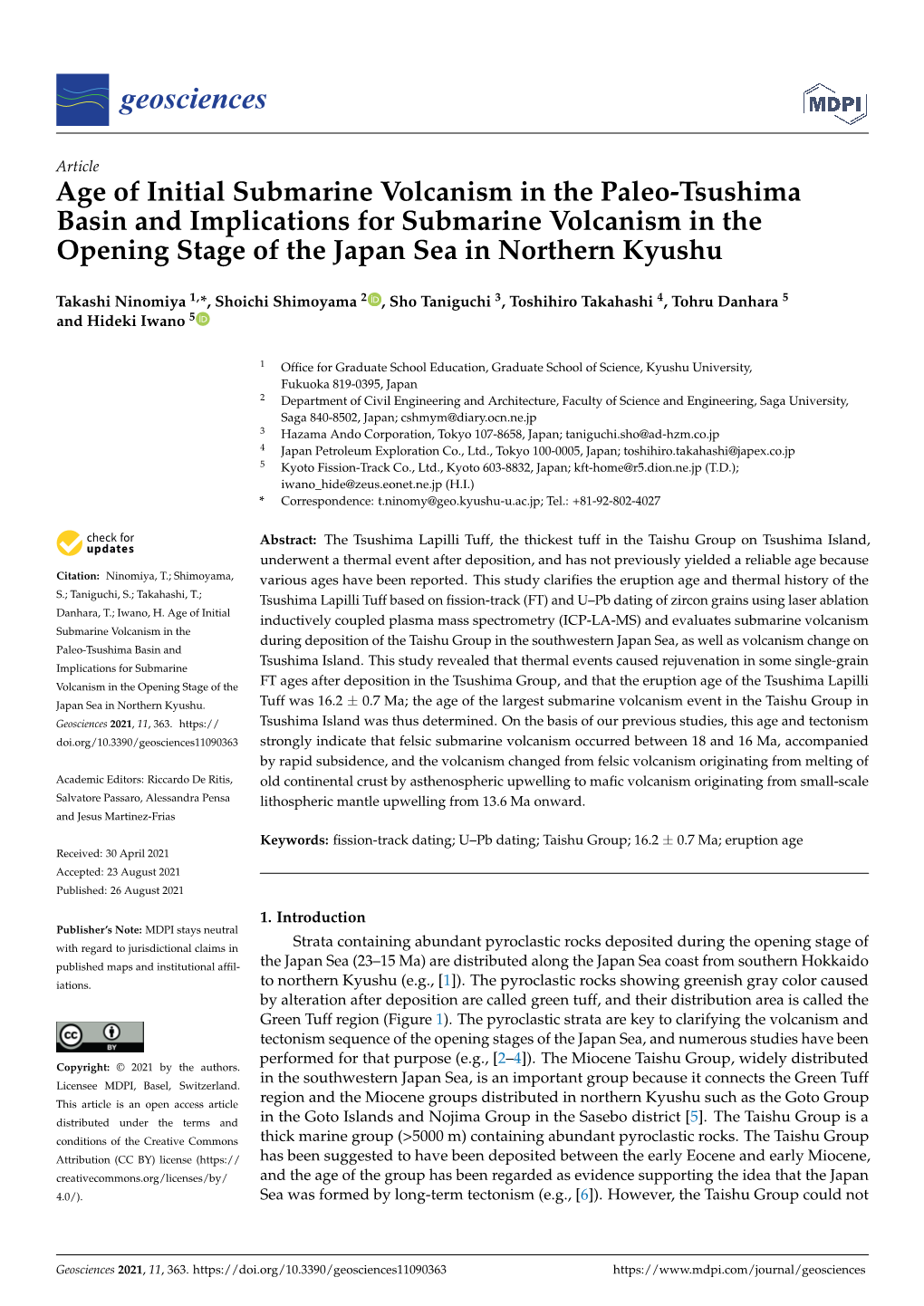 Age of Initial Submarine Volcanism in the Paleo-Tsushima Basin and Implications for Submarine Volcanism in the Opening Stage of the Japan Sea in Northern Kyushu