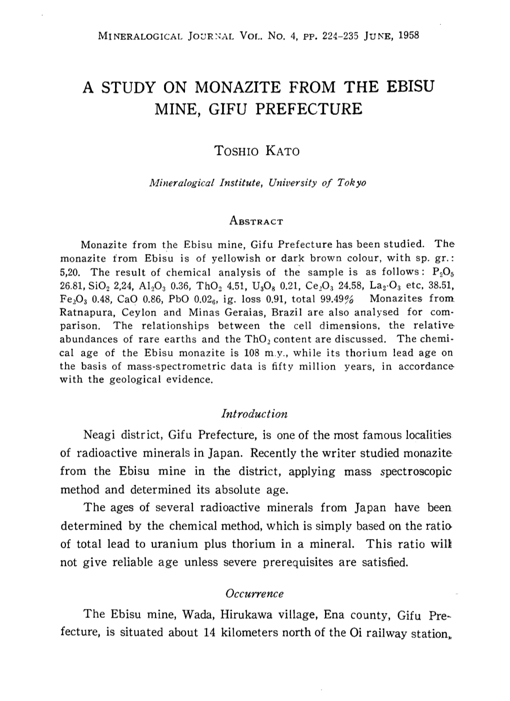 A Study on Monazite from the Ebisu Mine, Gifu Prefecture