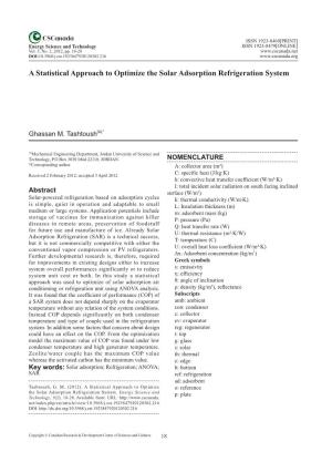 A Statistical Approach to Optimize the Solar Adsorption Refrigeration System