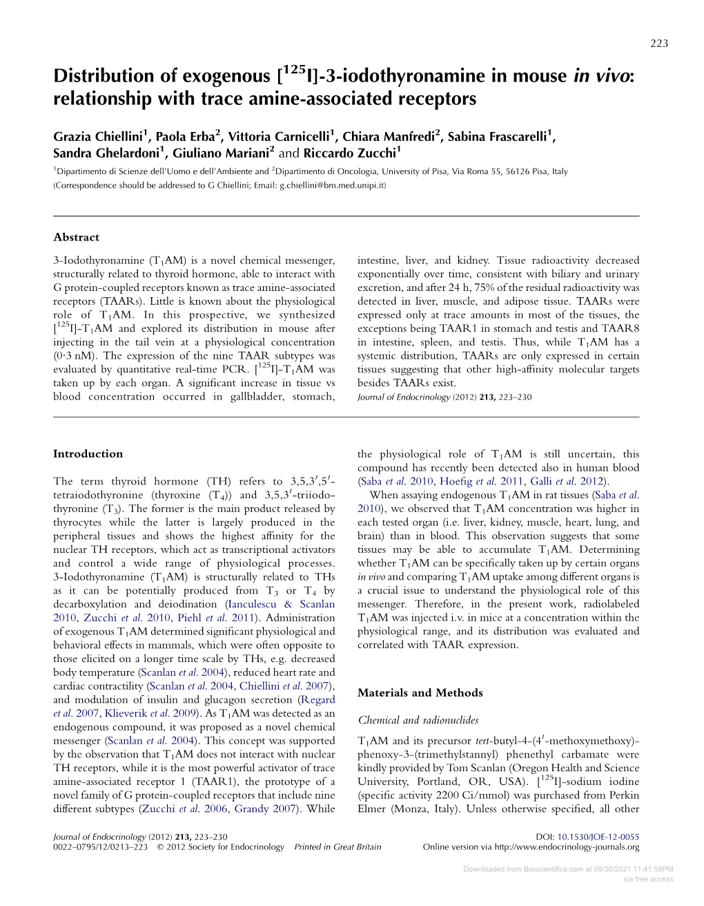 [ I]-3-Iodothyronamine in Mouse in Vivo: Relationship with Trace Amine-Associated Receptors