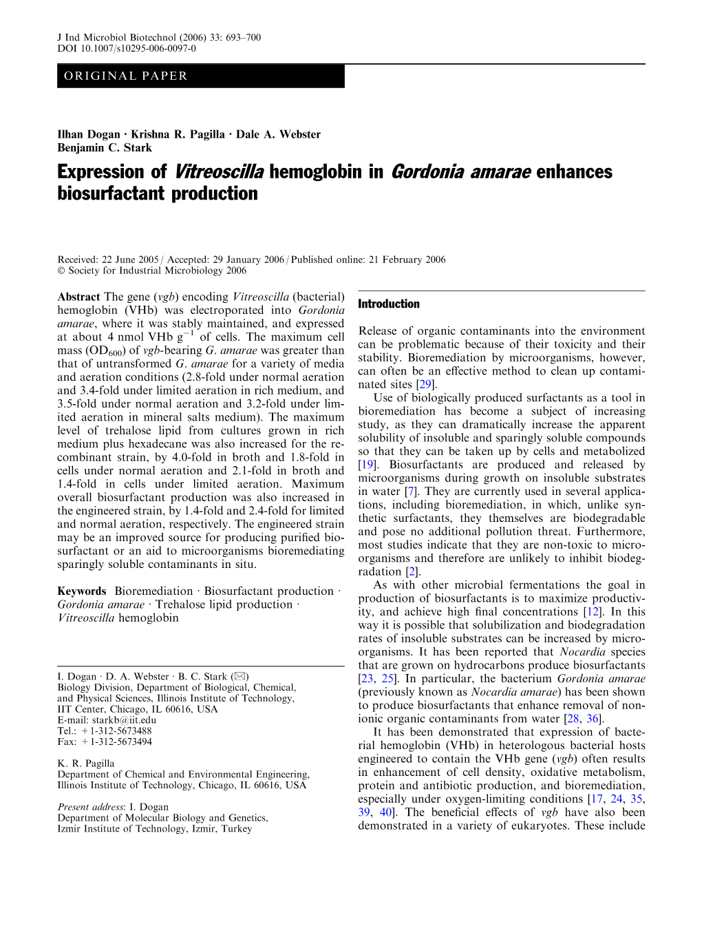Expression of Vitreoscilla Hemoglobin in Gordonia Amarae Enhances Biosurfactant Production