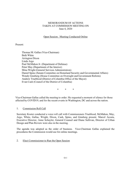 Memorandum of Actions for the June 4, 2020 Commission Meeting