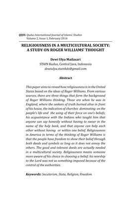Religiousness in a Multicultural Society: a Study on Roger Williams’ Thought
