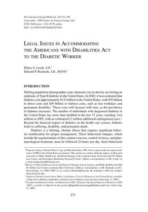 Legal Issues in Accommodating the Americans with Disabilities Act to the Diabetic Worker