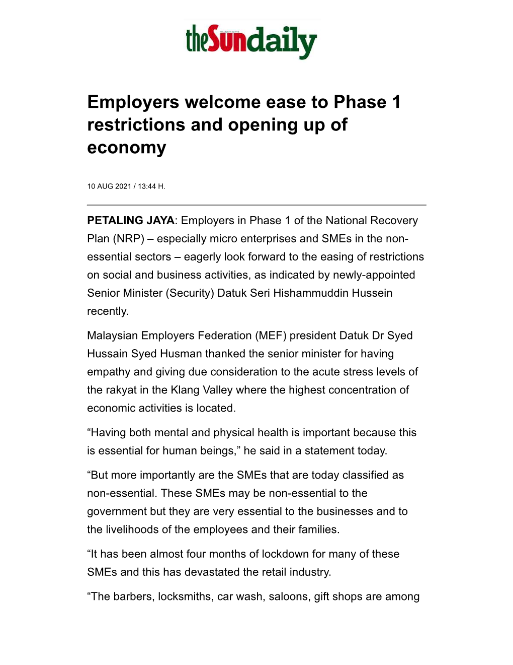 Employers Welcome Ease to Phase 1 Restrictions and Opening up of Economy