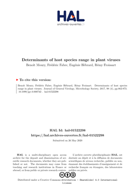 Determinants of Host Species Range in Plant Viruses Benoît Moury, Frédéric Fabre, Eugénie Hébrard, Rémy Froissart
