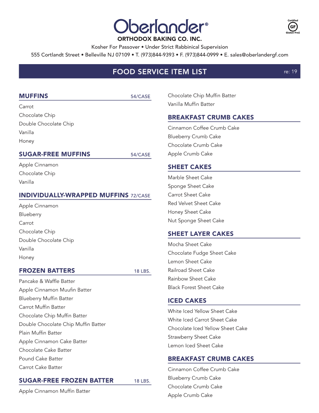 FOOD SERVICE ITEM LIST Re: 19