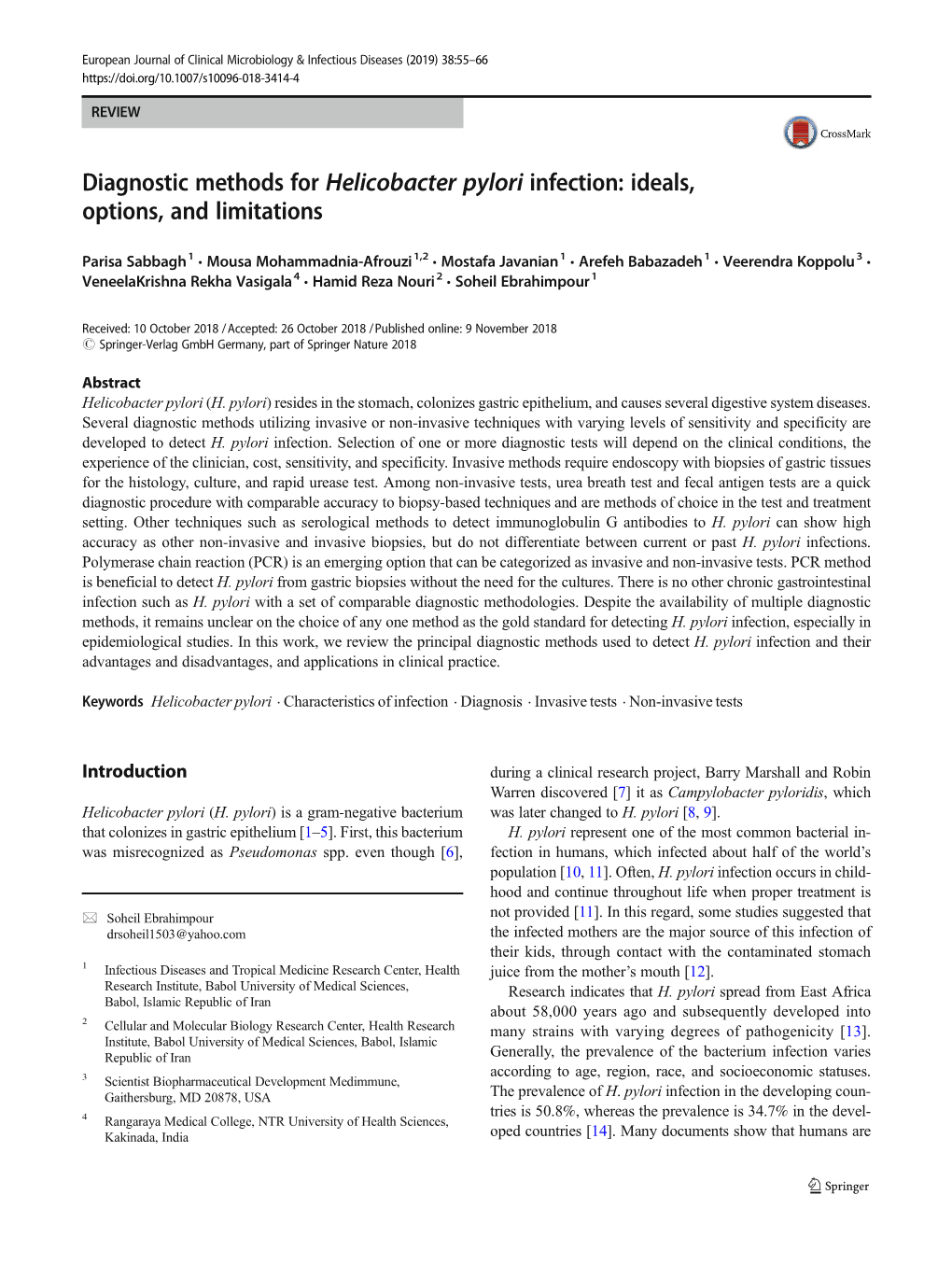 Diagnostic Methods for Helicobacter Pylori Infection: Ideals, Options, and Limitations