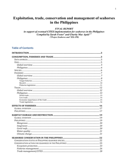 Exploitation, Trade, Conservation and Management of Seahorses in the Philippines