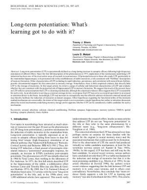 Long-Term Potentiation: What’S Learning Got to Do with It?