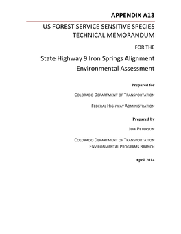 APPENDIX A13 US FOREST SERVICE SENSITIVE SPECIES TECHNICAL MEMORANDUM for the State Highway 9 Iron Springs Alignment Environmental Assessment