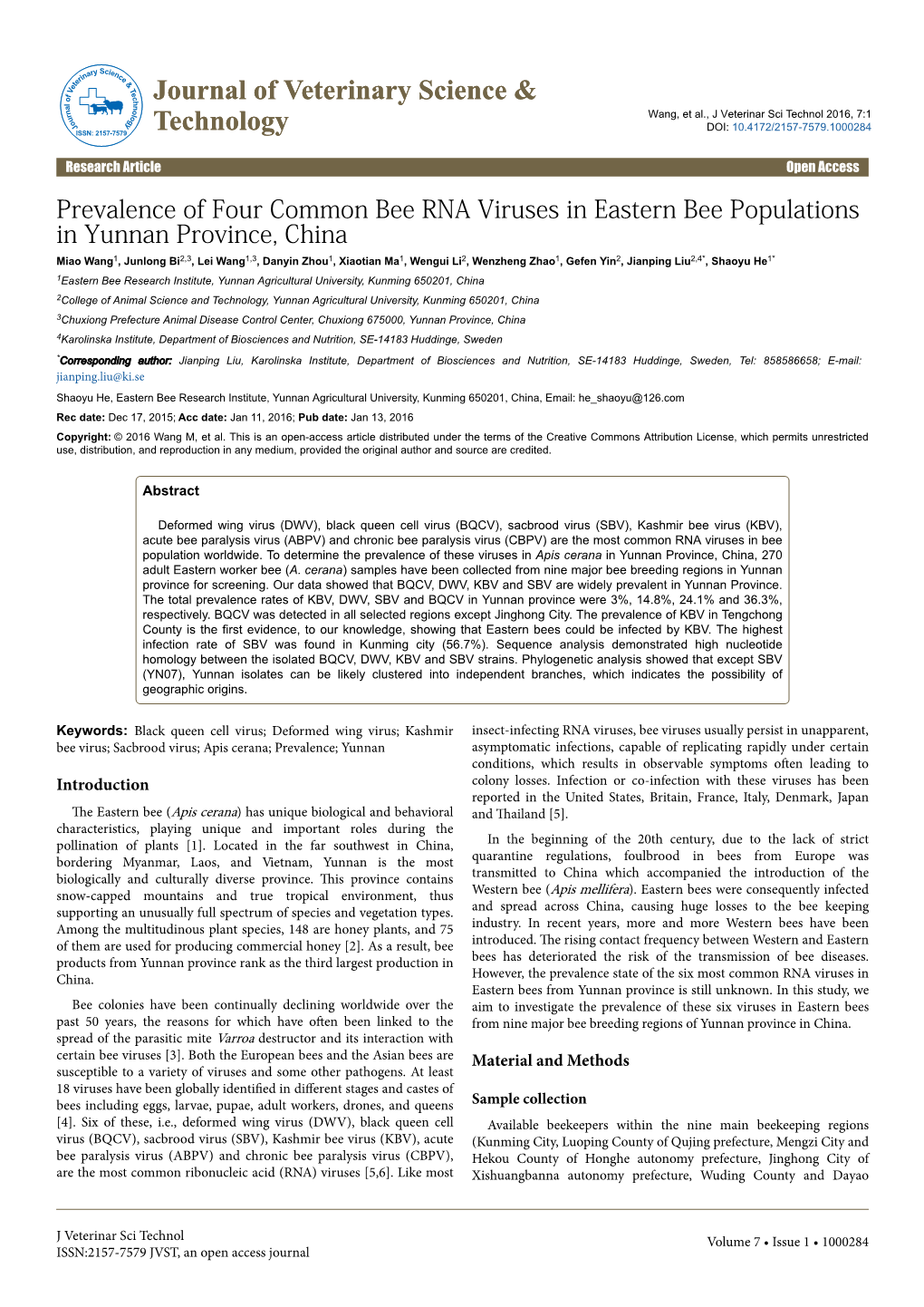 Prevalence of Four Common Bee RNA Viruses in Eastern Bee