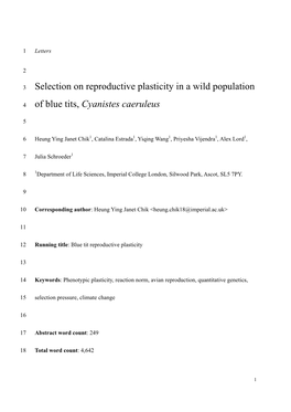 Selection on Reproductive Plasticity in a Wild Population of Blue Tits, Cyanistes Caeruleus