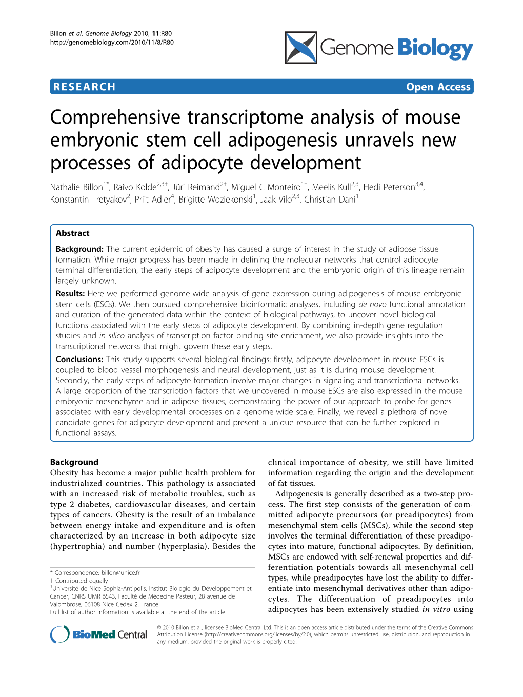 Comprehensive Transcriptome Analysis of Mouse Embryonic Stem Cell Adipogenesis Unravels New Processes of Adipocyte Development