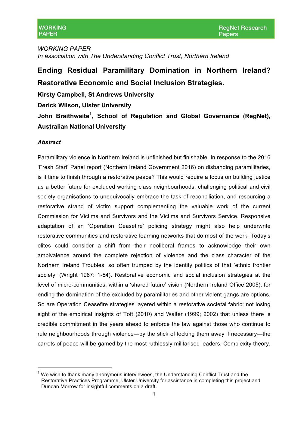 Ending Residual Paramilitary Domination in Northern Ireland? Restorative Economic and Social Inclusion Strategies