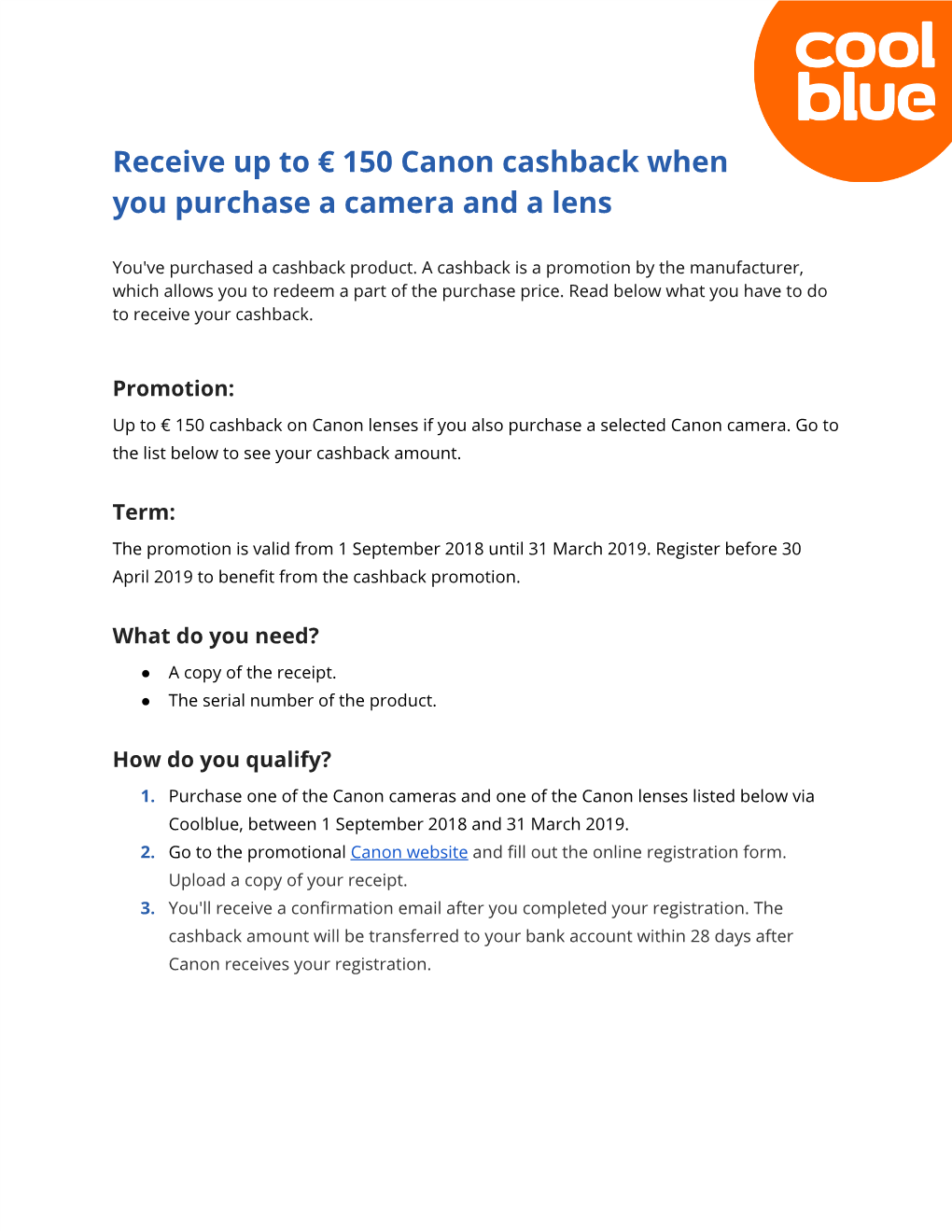 Receive up to € 150 Canon Cashback When You Purchase a Camera and a Lens