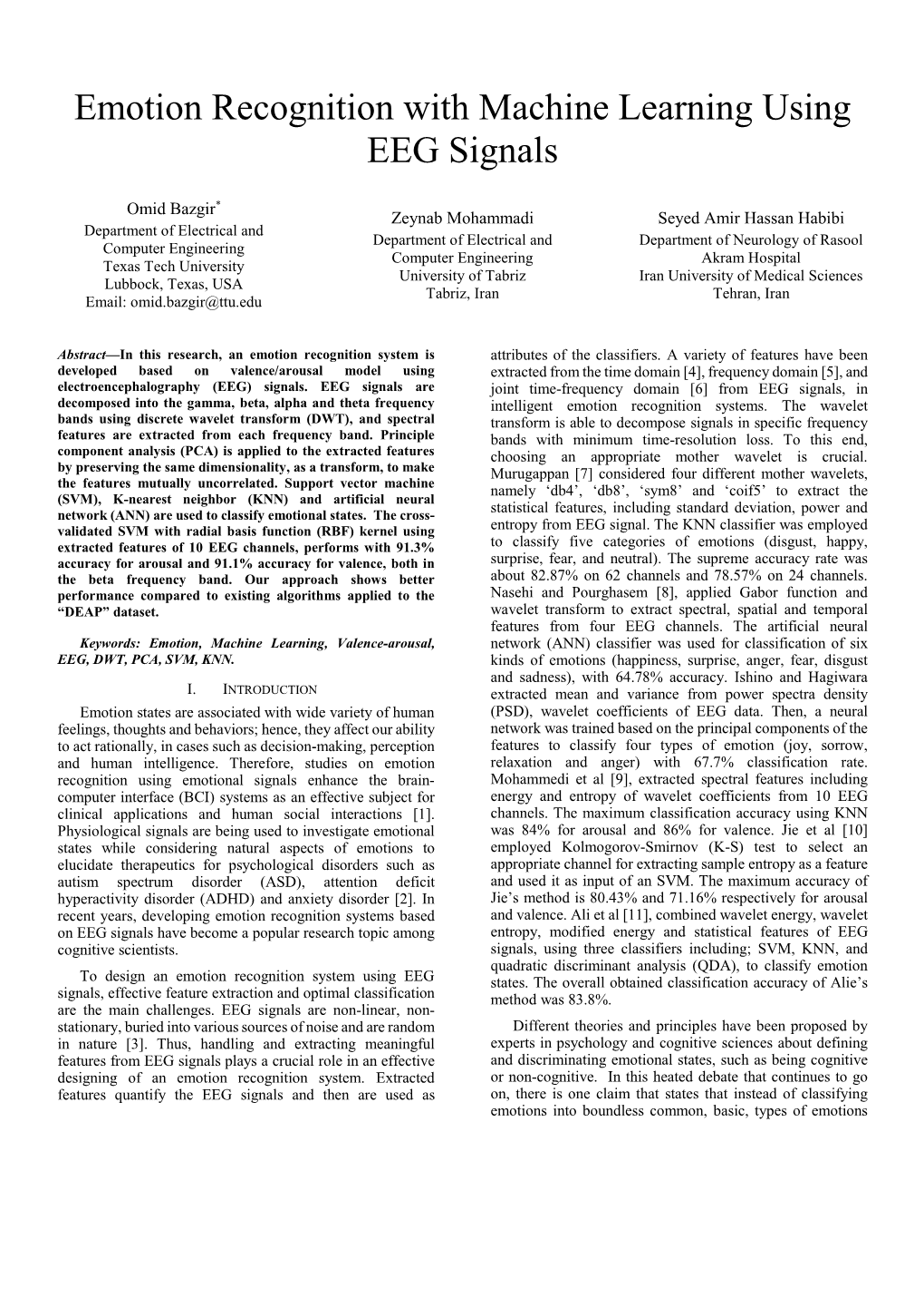 Emotion Recognition with Machine Learning Using EEG Signals