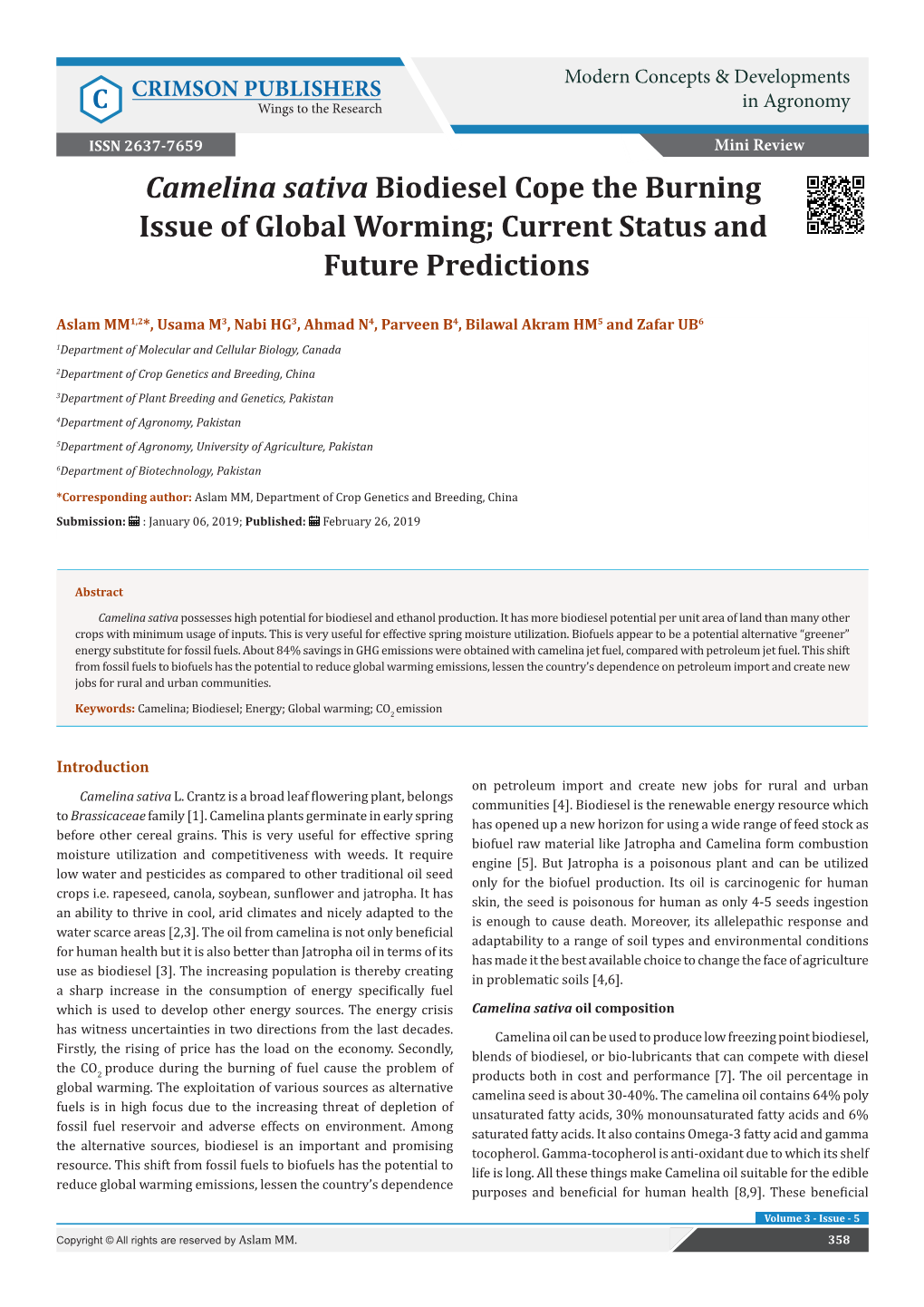 Camelina Sativa Biodiesel Cope the Burning Issue of Global Worming; Current Status and Future Predictions