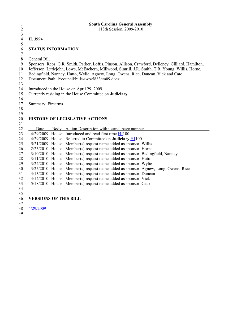 2009-2010 Bill 3994: Firearms - South Carolina Legislature Online