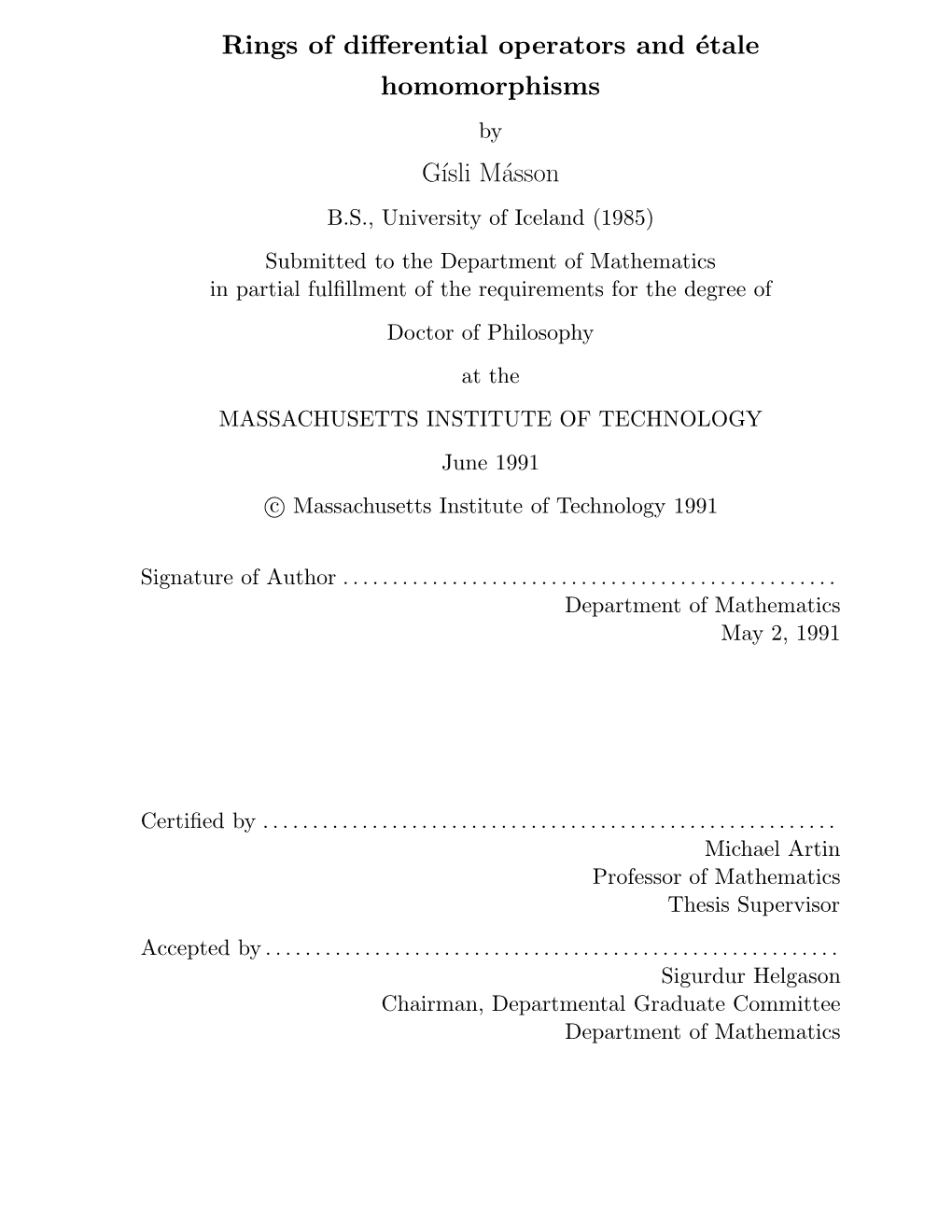 Rings of Differential Operators and Étale Homomorphisms G´Isli Másson