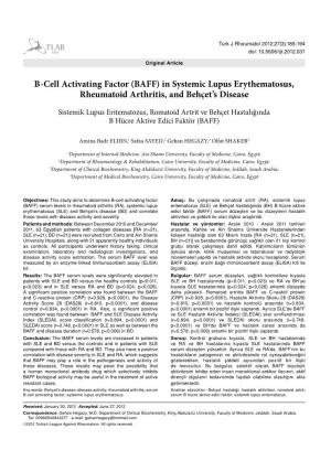 B-Cell Activating Factor (BAFF) in Systemic Lupus Erythematosus, Rheumatoid Arthritis, and Behçet’S Disease