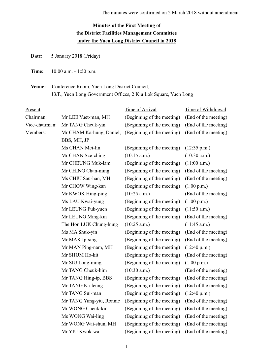Minutes of the First Meeting of the District Facilities Management Committee Under the Yuen Long District Council in 2018