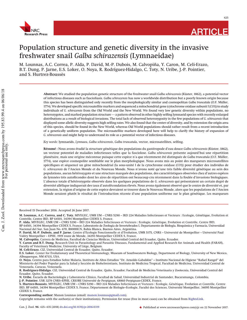 Population Structure and Genetic Diversity in the Invasive Freshwater Snail Galba Schirazensis (Lymnaeidae) M