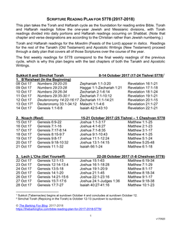 SCRIPTURE READING PLAN for 5778 (2017-2018) This Plan Takes the Torah and Haftarah Cycle As the Foundation for Reading Entire Bible