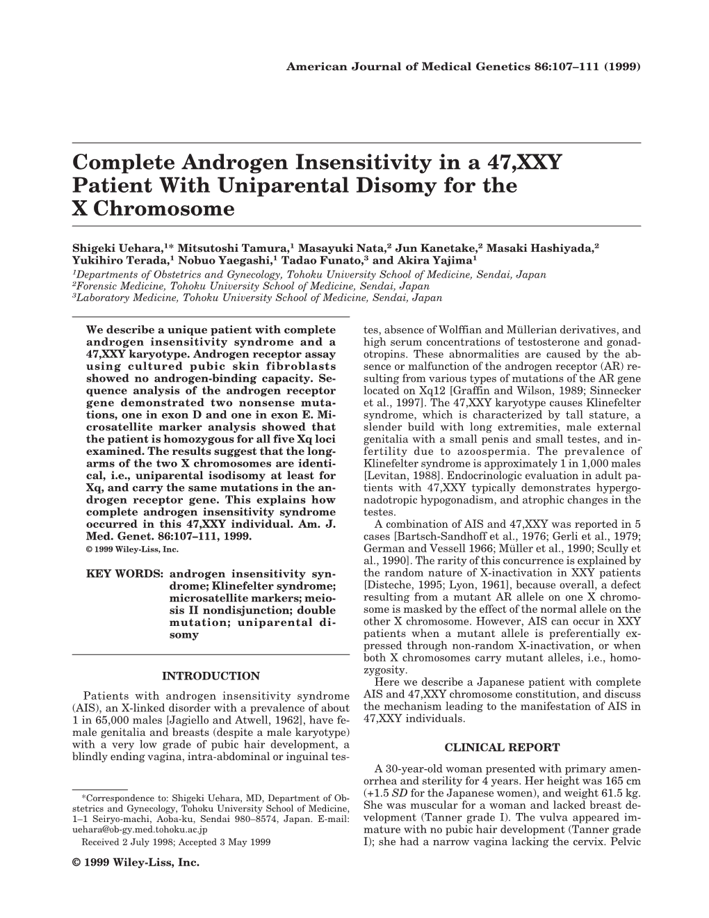 Complete Androgen Insensitivity in a 47,XXY Patient with Uniparental Disomy for the X Chromosome