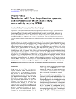 Original Article the Effect of Mir-27A on the Proliferation, Apoptosis, and Chemosensitivity of Non-Small-Cell Lung Cancer Cells by Targeting MCPH1