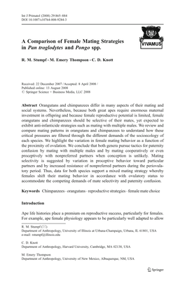 A Comparison of Female Mating Strategies in Pan Troglodytes and Pongo Spp