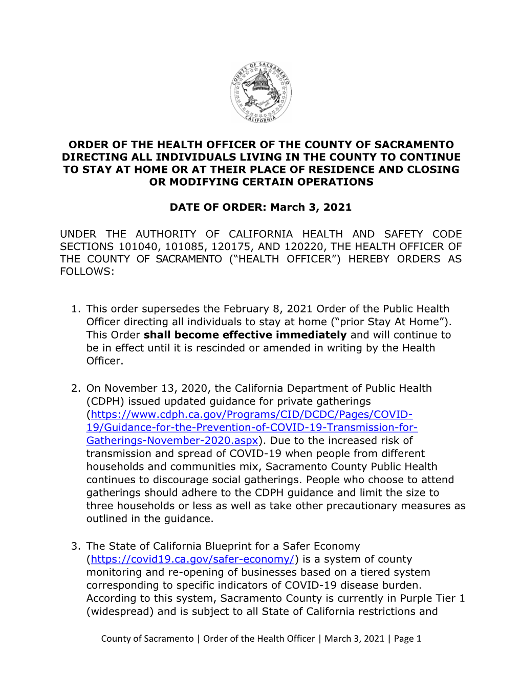 Order of the Health Officer | March 3, 2021 | Page 1