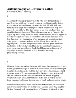 Autobiography of Benvenuto Cellini November 3, 1500 – February 13, 1571