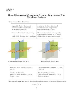 1. Three Dimensional Coordinate System. Intro to Surfaces