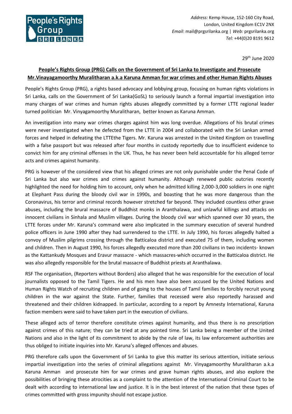 PRG Statement – Karuna Amman 29-06-2020