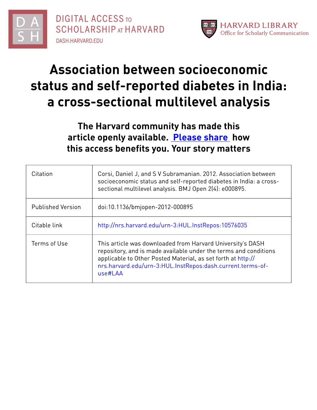 Association Between Socioeconomic Status and Self-Reported Diabetes in India: a Cross-Sectional Multilevel Analysis