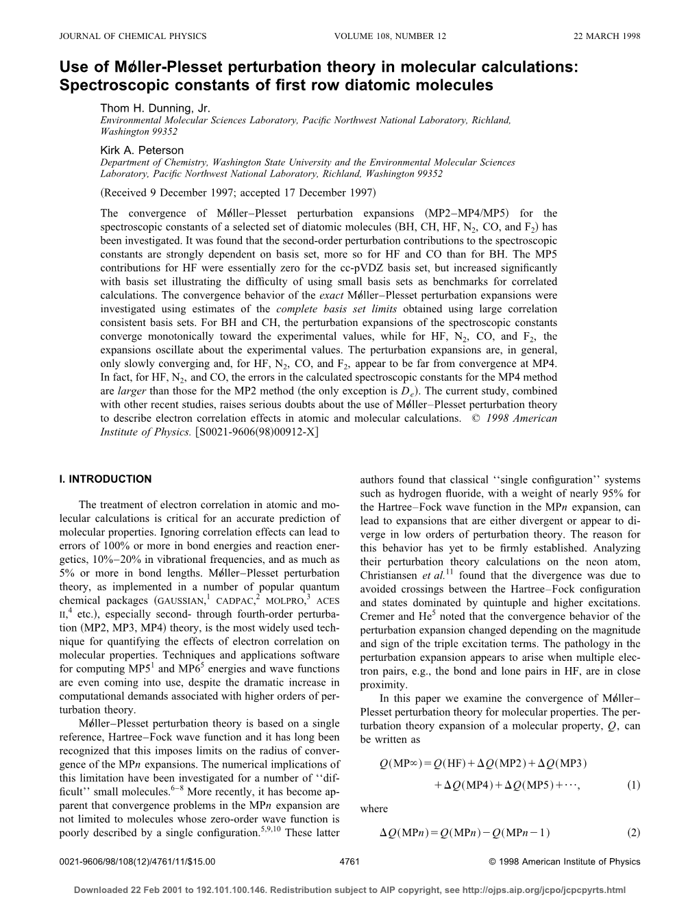 Use of Mo”Ller-Plesset Perturbation Theory in Molecular Calculations: Spectroscopic Constants of First Row Diatomic Molecules