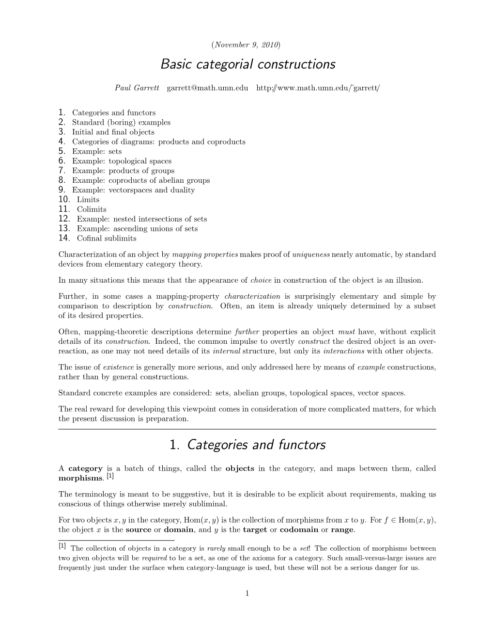 Basic Categorial Constructions 1. Categories and Functors