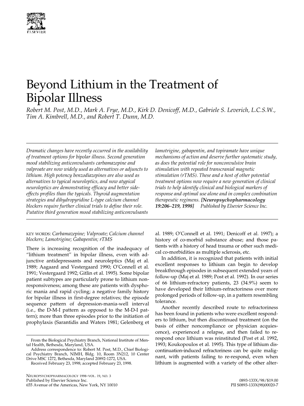 Beyond Lithium in the Treatment of Bipolar Illness Robert M