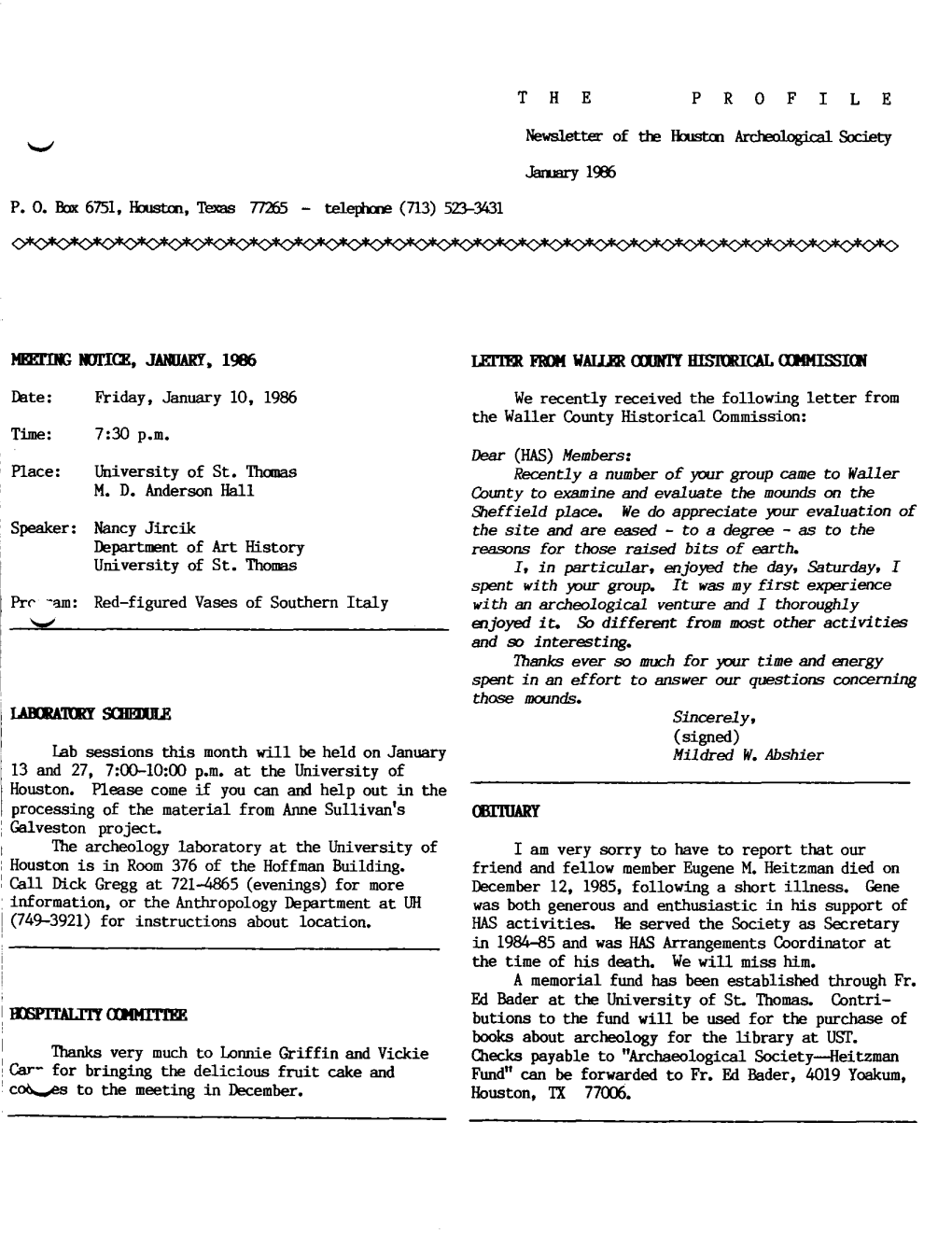 Cbituary Meeting Notice, January, 1986 Letter Frgh