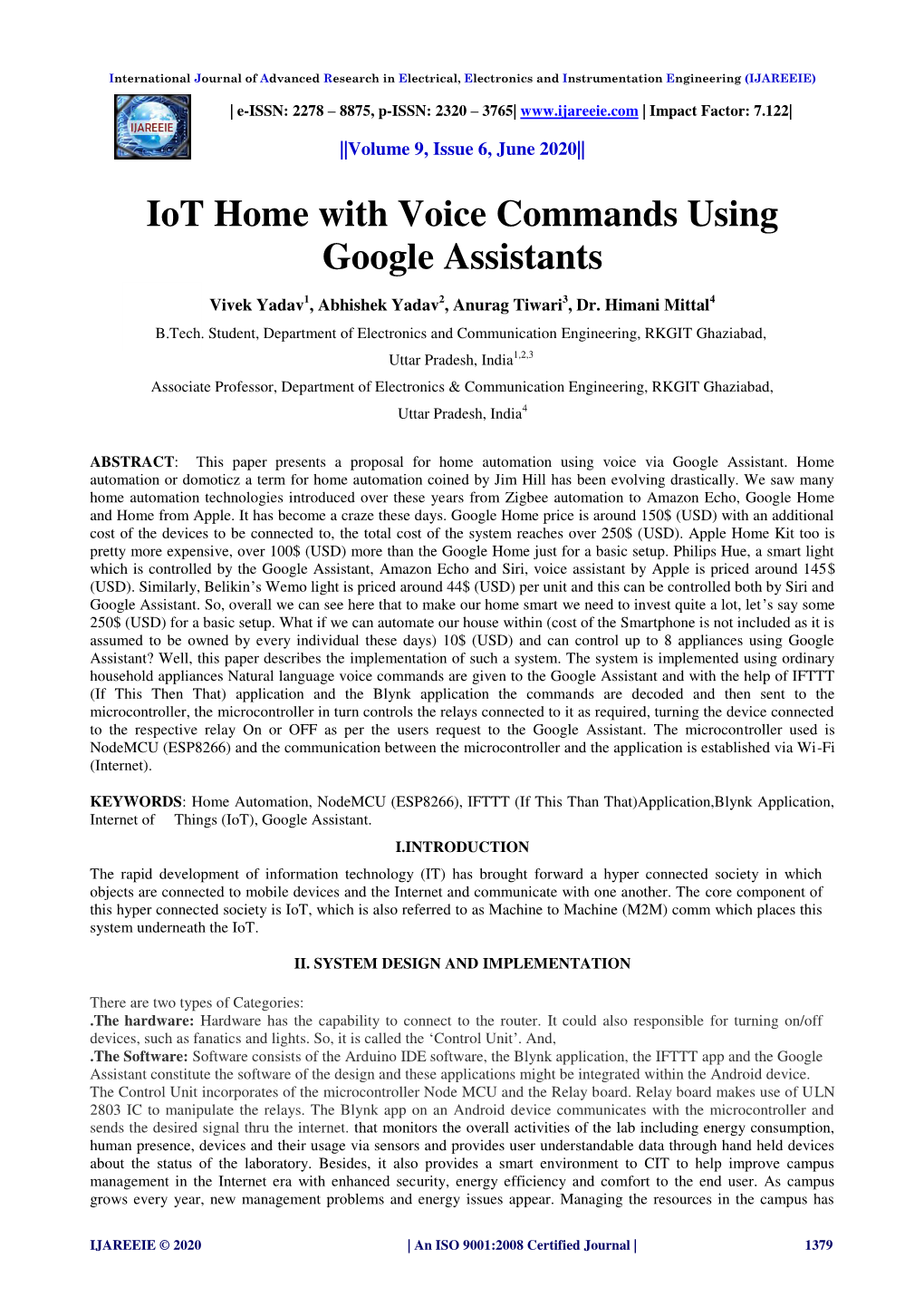 Iot Home with Voice Commands Using Google Assistants