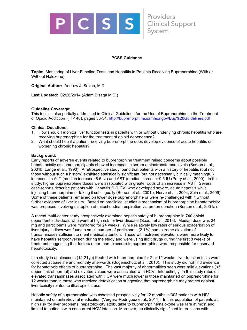 Monitoring of Liver Function Tests and Hepatitis in Patients Receiving Buprenorphine/Naloxone