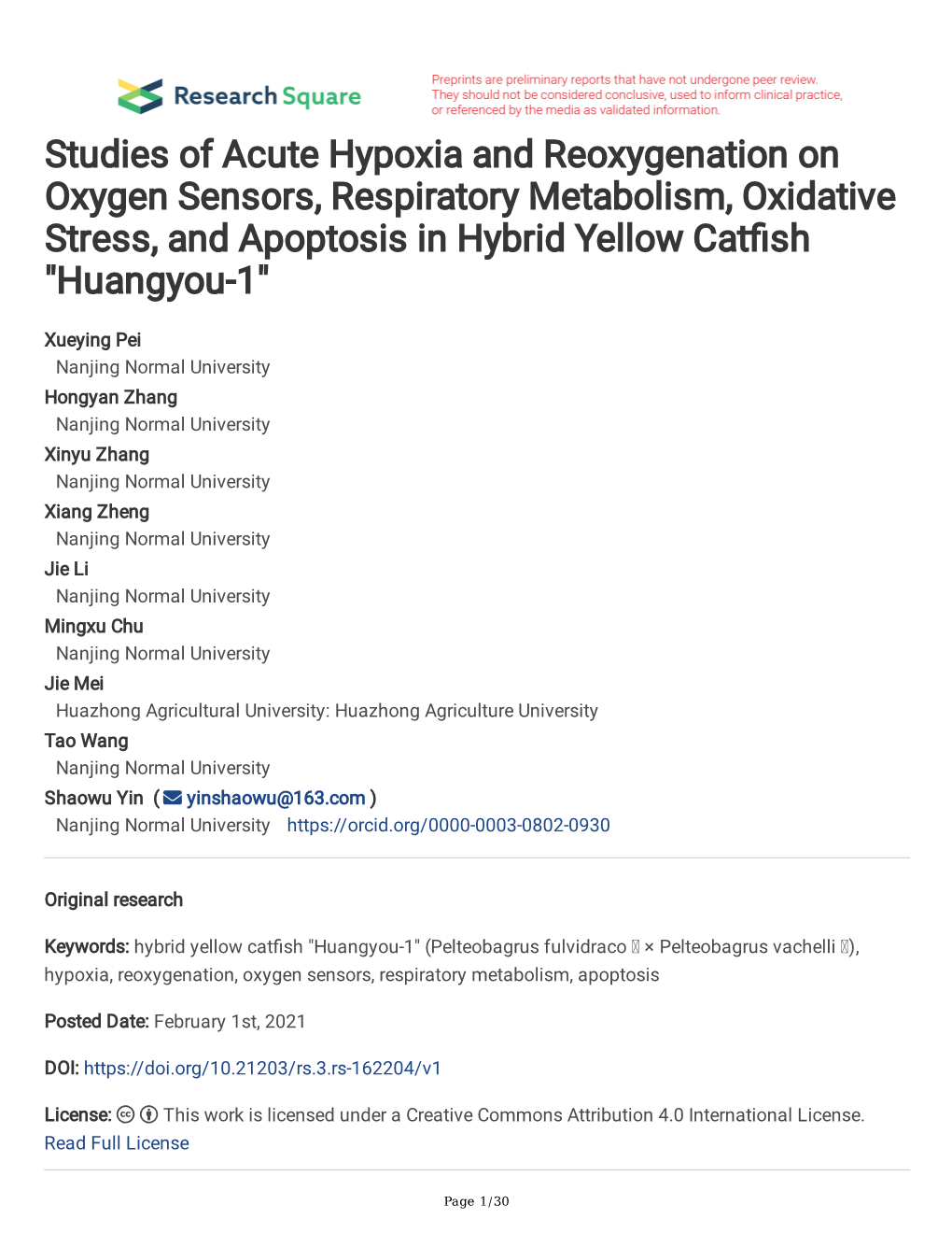 Studies of Acute Hypoxia and Reoxygenation on Oxygen Sensors, Respiratory Metabolism, Oxidative Stress, and Apoptosis in Hybrid Yellow Catfsh 