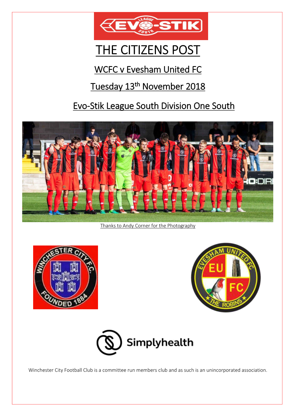 THE CITIZENS POST WCFC V Evesham United FC Tuesday 13Th November 2018 Evo-Stik League South Division One South